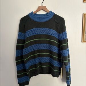 Trovata Dorian Cream Green Blue Striped Crochet Knit Sweater Large Cotton NWT